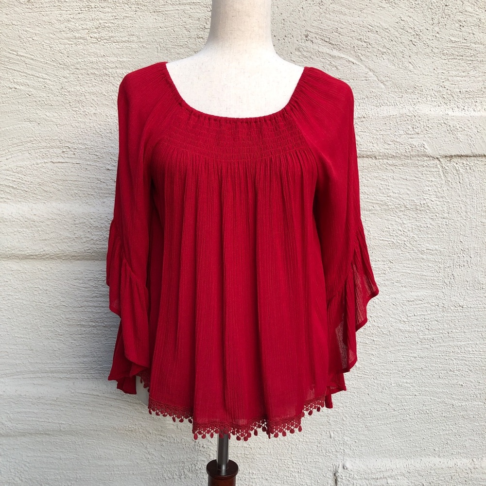 Boho Buys Dark Red, Bell Sleeve Blouse. NWT. Size- S/M